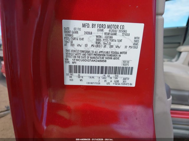 44096439 :رقم المزاد ، 1FMCU0DG7AKD45858 vin ، 2010 Ford Escape Xlt مزاد بيع
