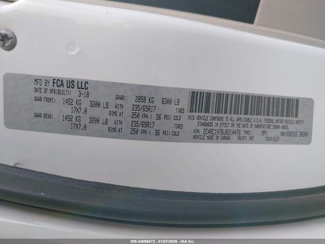 44096472 :رقم المزاد ، 2C4RC1N78JR214476 vin ، 2018 Chrysler Pacifica Hybrid Limited مزاد بيع