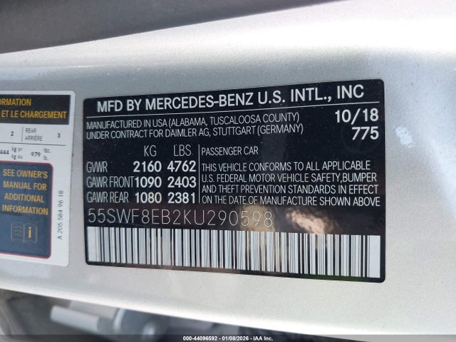 2019 Mercedes-benz C 300 4matic მანქანა იყიდება აუქციონზე, vin: 55SWF8EB2KU290598, აუქციონის ნომერი: 44096592