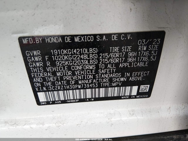 3CZRZ1H30PM739453 Honda Hr-v 2wd Lx