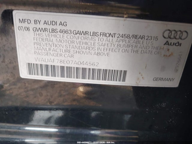 2007 AUDI A4 WAUAF78E07A044562 Photo 8