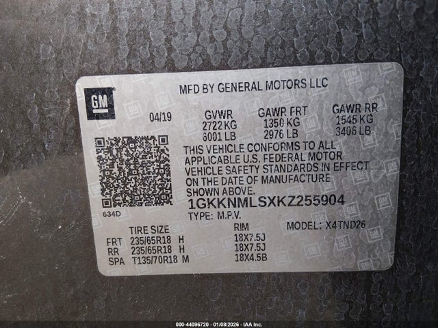 Aukcja sprzedaży 2019 Gmc Acadia Slt-1, vin: 1GKKNMLSXKZ255904, numer aukcji: 44096720