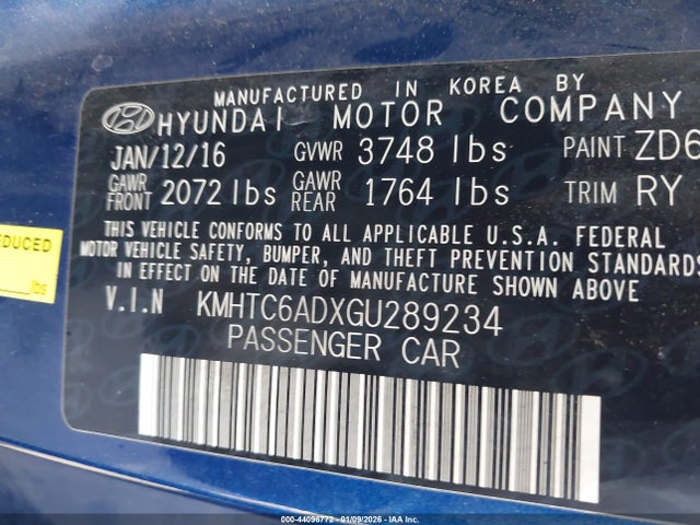 2016 Hyundai Veloster მანქანა იყიდება აუქციონზე, vin: KMHTC6ADXGU289234, აუქციონის ნომერი: 44096772