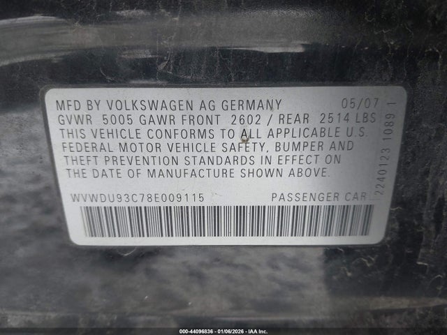 2008 VOLKSWAGEN PASSAT WVWDU93C78E009115 Photo 8