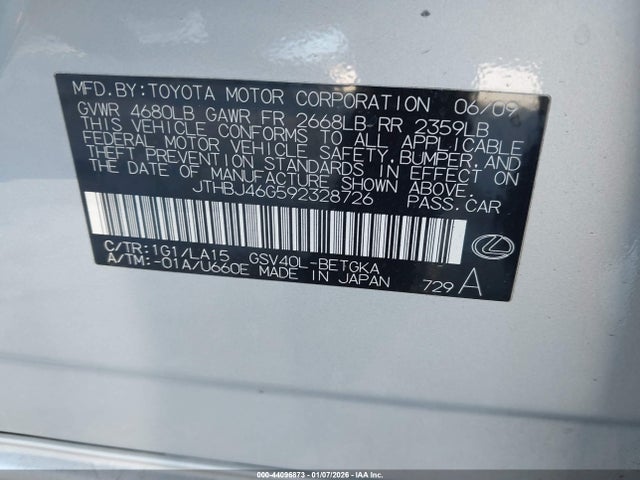 2009 LEXUS ES 350 JTHBJ46G592328726 Photo 8
