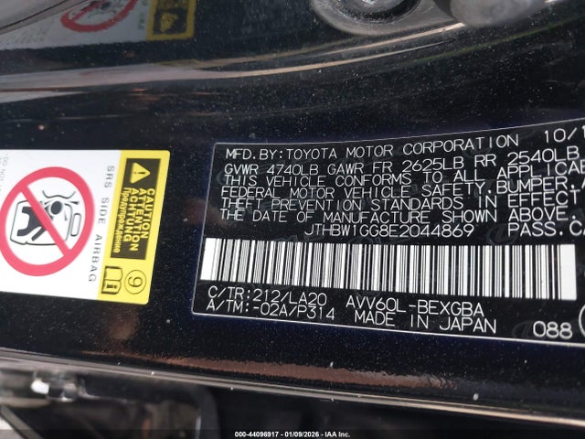 44096917 :رقم المزاد ، JTHBW1GG8E2044869 vin ، 2014 Lexus Es 300h مزاد بيع