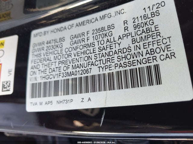 1HGCV1F33MA012067 Honda Accord Sport