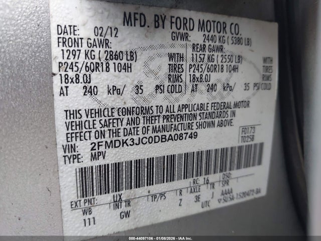 44097106 :رقم المزاد ، 2FMDK3JC0DBA08749 vin ، 2013 Ford Edge Sel مزاد بيع