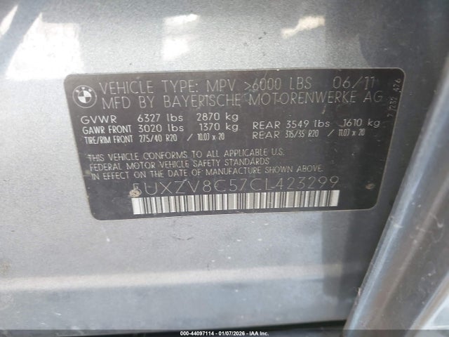 2012 Bmw X5 Xdrive50i მანქანა იყიდება აუქციონზე, vin: 5UXZV8C57CL423299, აუქციონის ნომერი: 44097114
