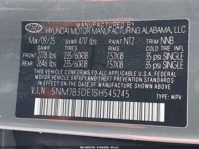 Продажа на аукционе авто 2025 Hyundai Tucson Sel, vin: 5NMJB3DE1SH545245, номер лота: 44097155