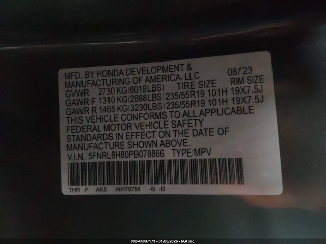 5FNRL6H80PB078866 Honda Odyssey Touring