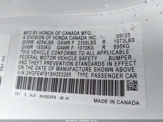 2HGFE4F81SH353265 Honda CIVIC HYBRID