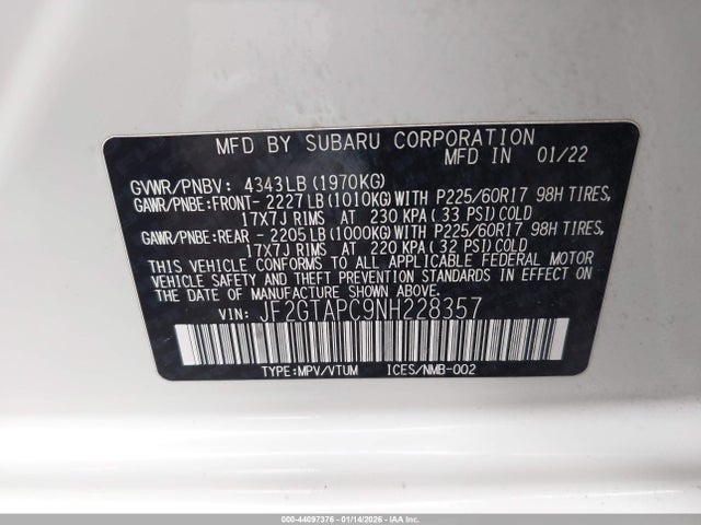 44097376 :رقم المزاد ، JF2GTAPC9NH228357 vin ، 2022 Subaru Crosstrek Premium مزاد بيع