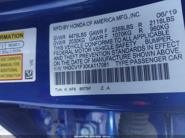 1HGCV1F30KA117081 Honda Accord Sport