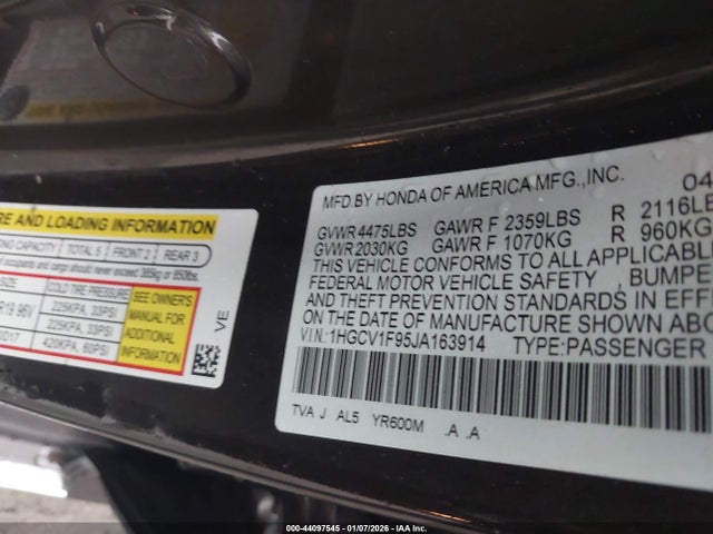 2018 Honda Accord Touring მანქანა იყიდება აუქციონზე, vin: 1HGCV1F95JA163914, აუქციონის ნომერი: 44097545