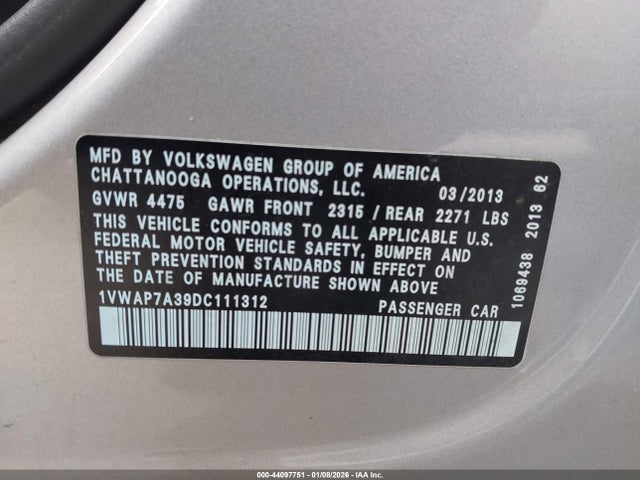 Продажа на аукционе авто 2013 Volkswagen Passat 2.5l S, vin: 1VWAP7A39DC111312, номер лота: 44097751