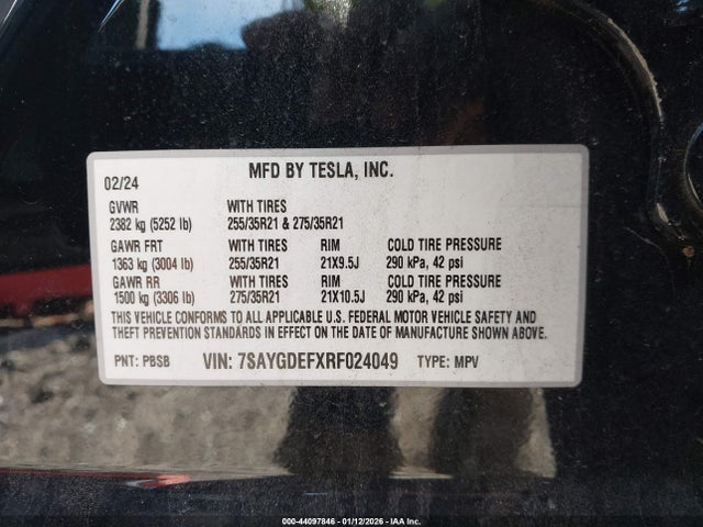 44097846 :رقم المزاد ، 7SAYGDEFXRF024049 vin ، 2024 Tesla Model Y Performance Dual Motor All-wheel Drive مزاد بيع