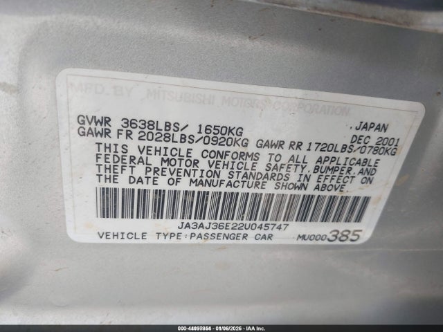 2002 Mitsubishi Lancer Ls მანქანა იყიდება აუქციონზე, vin: JA3AJ36E22U045747, აუქციონის ნომერი: 44097854