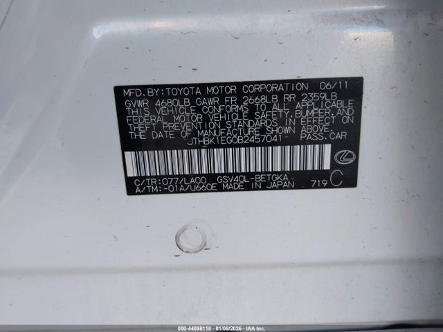 44098118 :رقم المزاد ، JTHBK1EG0B2457041 vin ، 2011 Lexus Es 350 مزاد بيع