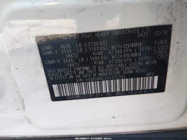 Aukcja sprzedaży 2017 Subaru Outback 2.5i Limited, vin: 4S4BSANC2H3322382, numer aukcji: 44098177