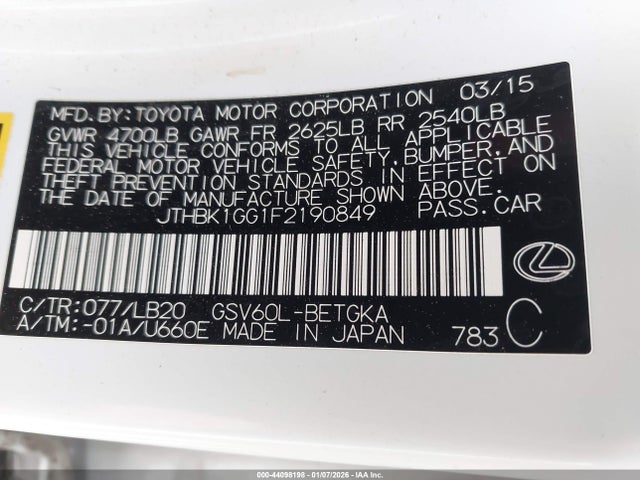 44098198 :رقم المزاد ، JTHBK1GG1F2190849 vin ، 2015 Lexus Es 350 مزاد بيع