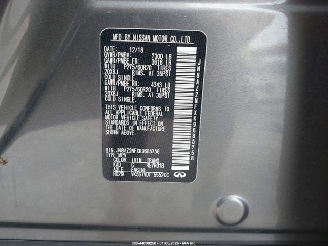 44098250 :رقم المزاد ، JN8AZ2NFXK9685758 vin ، 2019 Infiniti Qx80 Luxe مزاد بيع