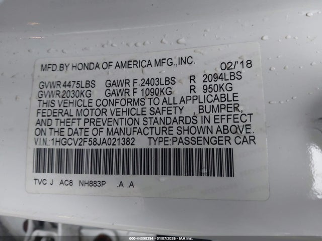 44098394 :رقم المزاد ، 1HGCV2F58JA021382 vin ، 2018 Honda Accord Ex-l 2.0t مزاد بيع