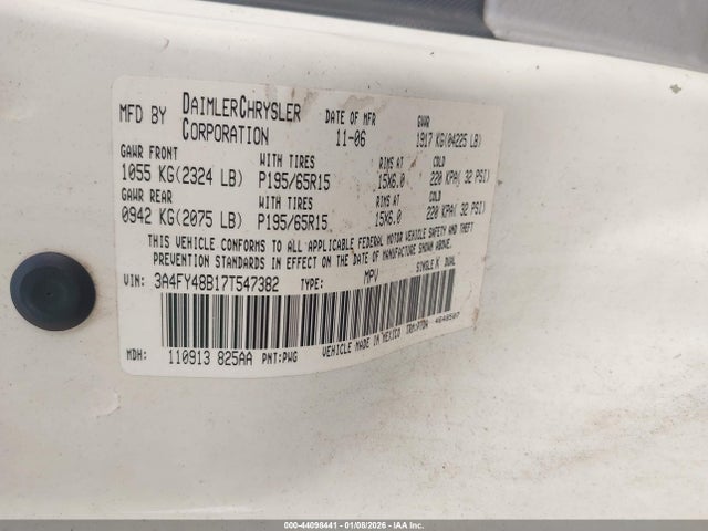 44098441 :رقم المزاد ، 3A4FY48B17T547382 vin ، 2007 Chrysler Pt Cruiser مزاد بيع