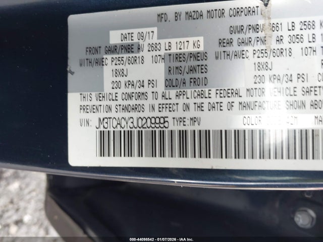 Продаж на аукціоні авто 2018 Mazda Cx-9 Touring, vin: JM3TCACY3J0209995, номер лоту: 44098542