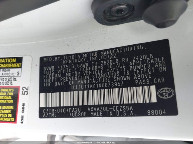 Aukcja sprzedaży 2022 Toyota Camry Se, vin: 4T1G11AK1NU673957, numer aukcji: 44098548
