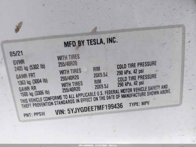 Продаж на аукціоні авто 2021 Tesla Model Y Long Range Dual Motor All-wheel Drive, vin: 5YJYGDEE7MF199436, номер лоту: 44098602