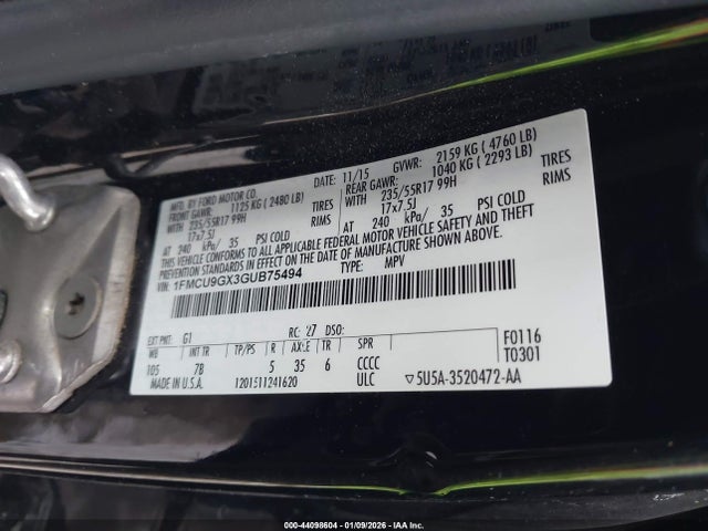 Aukcja sprzedaży 2016 Ford Escape Se, vin: 1FMCU9GX3GUB75494, numer aukcji: 44098604