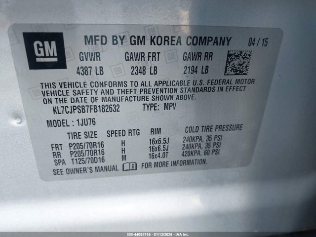 KL7CJPSB7FB182632 Chevrolet Trax 1ls