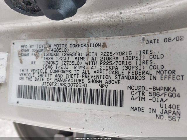 2002 TOYOTA HIGHLANDER JTEGF21A320072020 Photo 8