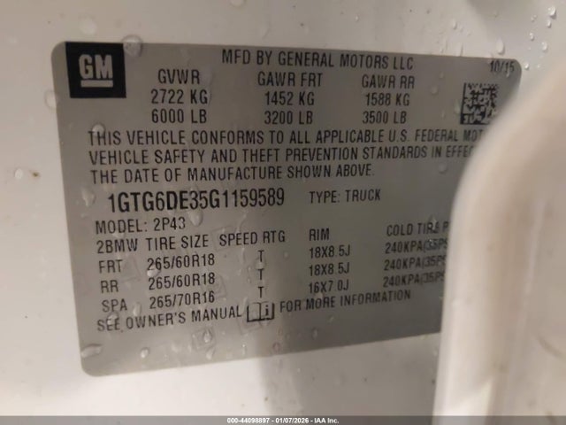 44098897 :رقم المزاد ، 1GTG6DE35G1159589 vin ، 2016 Gmc Canyon Slt مزاد بيع