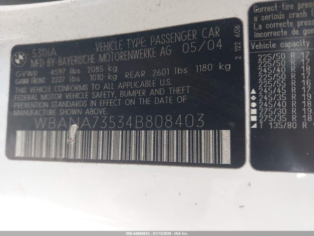 2004 Bmw 530i მანქანა იყიდება აუქციონზე, vin: WBANA73534B808403, აუქციონის ნომერი: 44098933