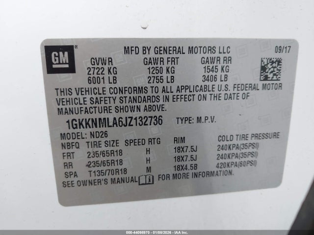 Aukcja sprzedaży 2018 Gmc Acadia Slt-1, vin: 1GKKNMLA6JZ132736, numer aukcji: 44098970