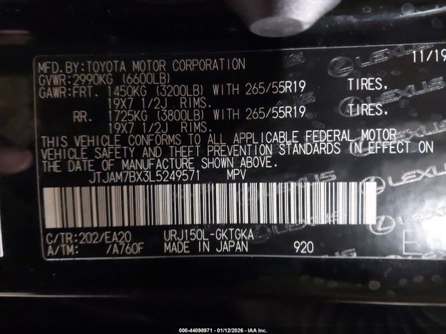 Aukcja sprzedaży 2020 Lexus Gx 460 Premium, vin: JTJAM7BX3L5249571, numer aukcji: 44098971