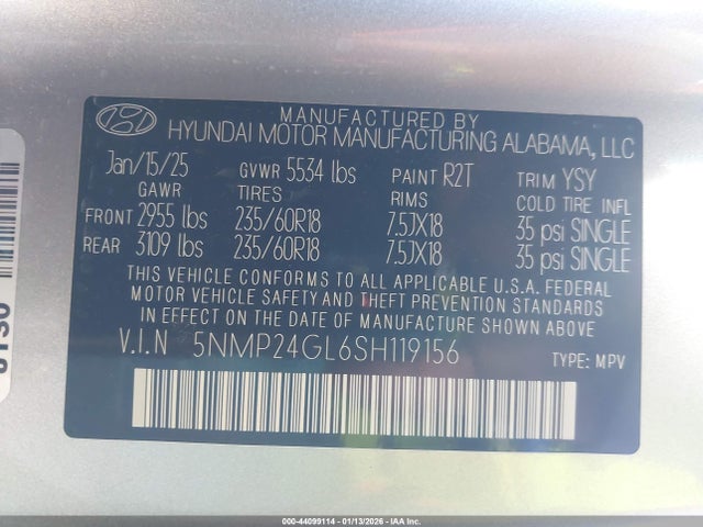 44099114 :رقم المزاد ، 5NMP24GL6SH119156 vin ، 2025 Hyundai Santa Fe Sel مزاد بيع