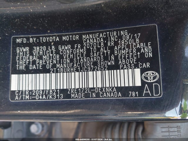 Aukcja sprzedaży 2018 Toyota Corolla Le, vin: 2T1BURHE1JC972652, numer aukcji: 44099205