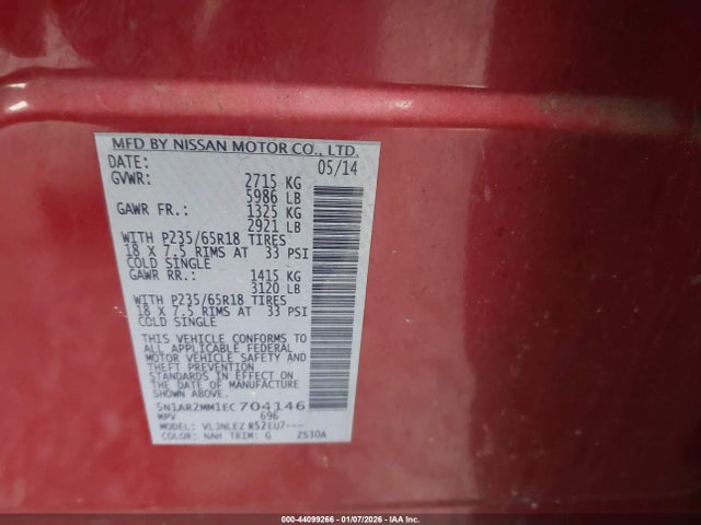 Продаж на аукціоні авто 2014 Nissan Pathfinder Platinum/s/sl/sv, vin: 5N1AR2MM1EC704146, номер лоту: 44099266