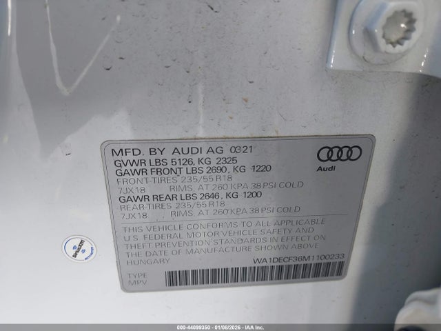 2021 Audi Q3 Premium 45 Tfsi S Line Quattro Tiptronic მანქანა იყიდება აუქციონზე, vin: WA1DECF36M1100233, აუქციონის ნომერი: 44099350