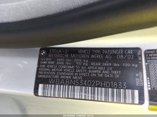 Продажа на аукционе авто 2002 Bmw 330ci, vin: WBABN53402PH01833, номер лота: 44099366