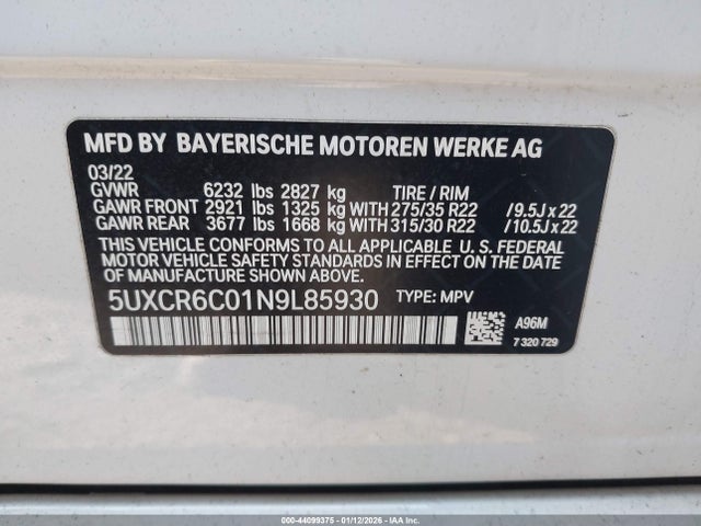 2022 Bmw X5 Xdrive40i მანქანა იყიდება აუქციონზე, vin: 5UXCR6C01N9L85930, აუქციონის ნომერი: 44099375
