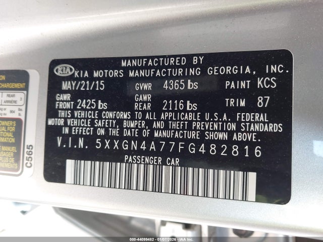 2015 Kia Optima Ex მანქანა იყიდება აუქციონზე, vin: 5XXGN4A77FG482816, აუქციონის ნომერი: 44099482