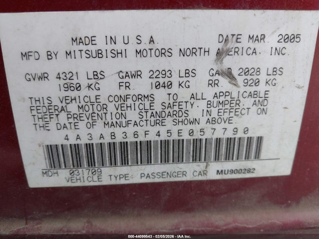 2005 MITSUBISHI GALANT 4A3AB36F45E057790 Photo 8