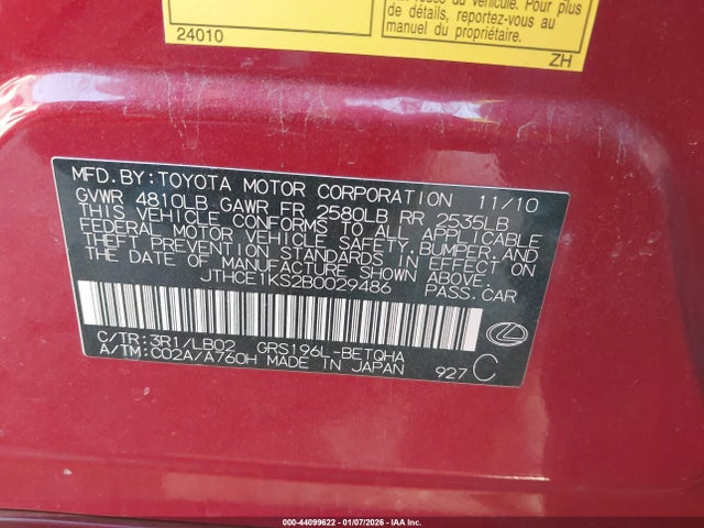 Aukcja sprzedaży 2011 Lexus Gs 350, vin: JTHCE1KS2B0029486, numer aukcji: 44099622