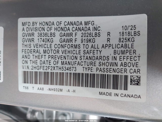 Honda Civic Lx 2026 2HGFE2F2XTH534673 Image 9