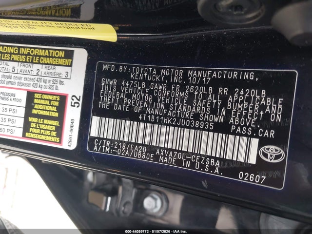 4T1B11HK2JU038935 Toyota CAMRY SE
