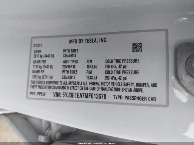 44099862 :رقم المزاد ، 5YJ3E1EA7MF013678 vin ، 2021 Tesla Model 3 Standard Range Plus Rear-wheel Drive مزاد بيع